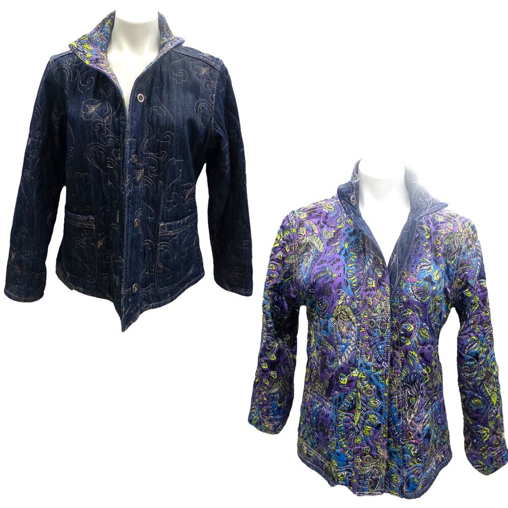 Chico's Reversible Denim Jacket Trapunto Stitched Blue Purple Paisley Women 12